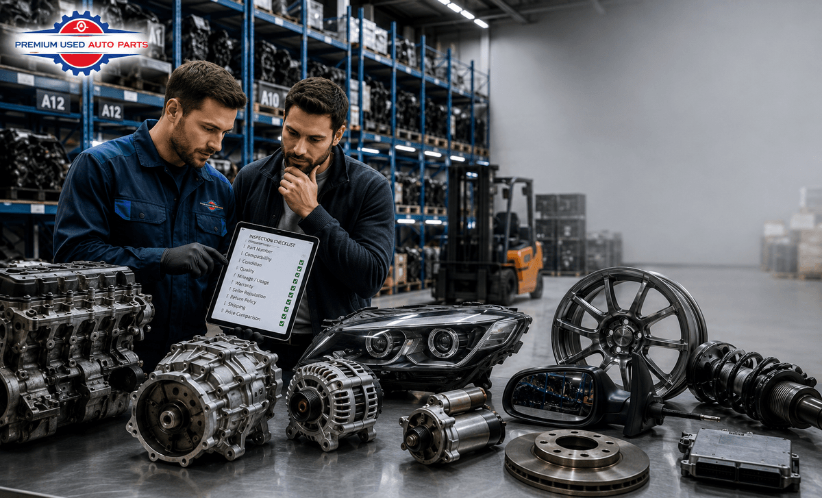 Premium Used Auto Parts checklist showing what to check before buying used auto parts online, including a quality-tested engine, transmission, and trusted OEM replacement parts.