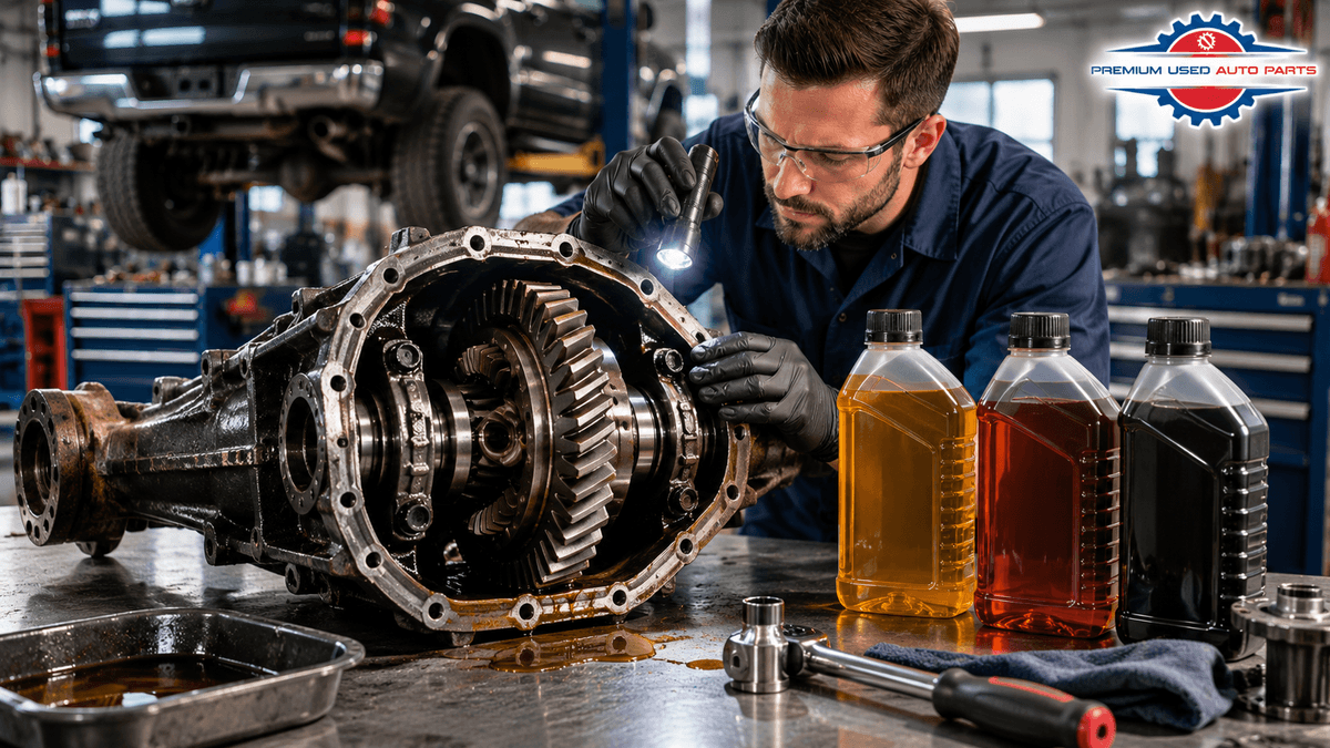 Rear differential fluid replacement on a pickup truck showing gear oil draining from the differential housing in a professional automotive workshop.