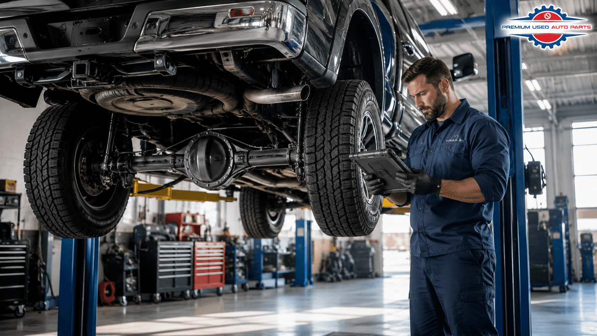Professional mechanic inspecting the rear differential of a lifted pickup truck using a digital service tablet inside a modern American automotive repair shop.