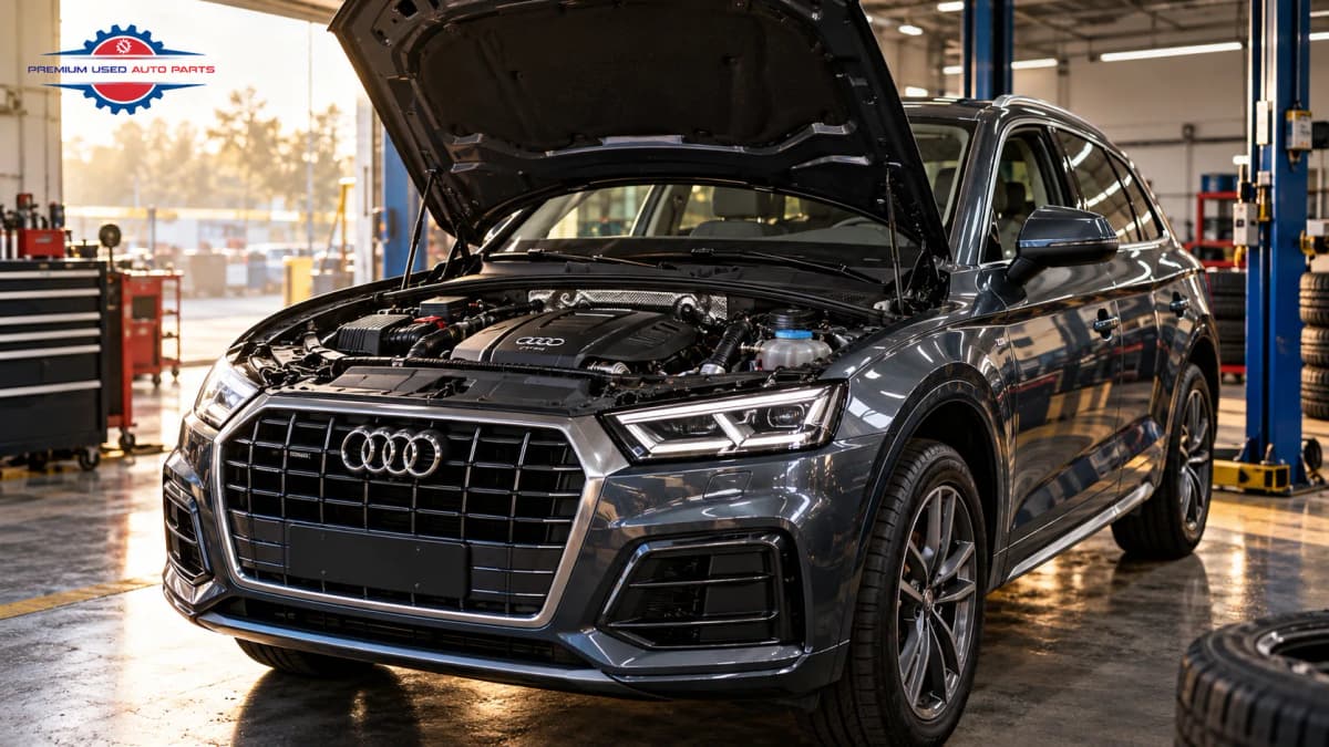Audi Q5 engine lifespan and engine bay inspection in a professional automotive workshop