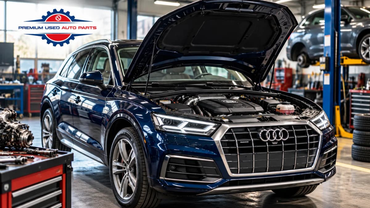 Audi Q5 with open hood showing the engine bay for an engine replacement cost guide