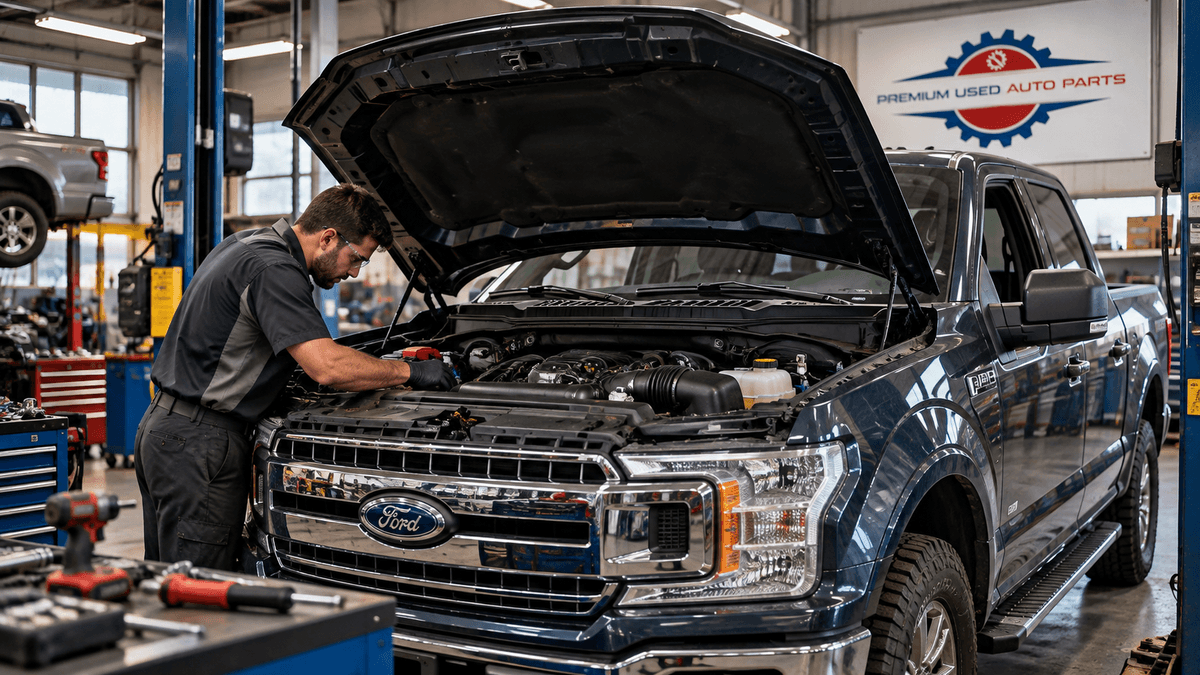 Ford F-150 engine replacement inspection in a professional automotive workshop