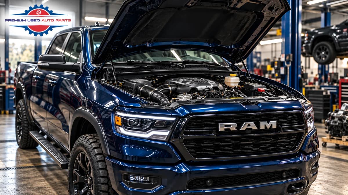 RAM 1500 pickup truck with open hood and visible engine bay in an automotive workshop