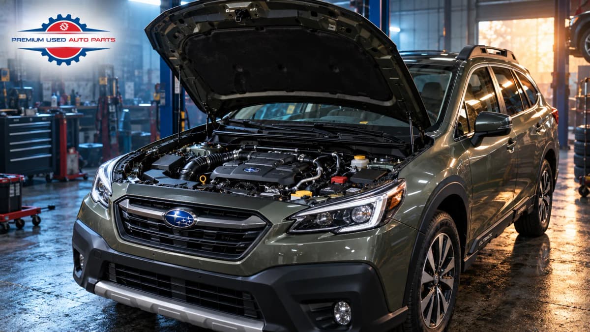 Subaru Outback engine replacement cost guide featuring an open engine bay in a professional workshop