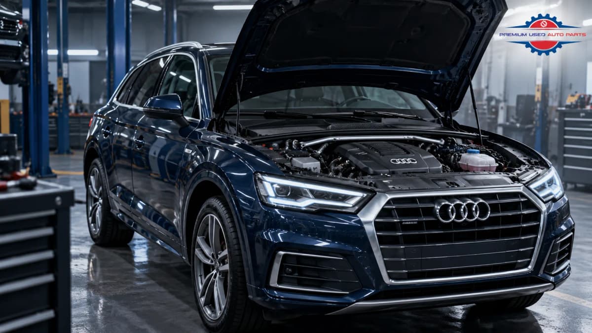 Used Audi Q5 with open hood in a professional workshop