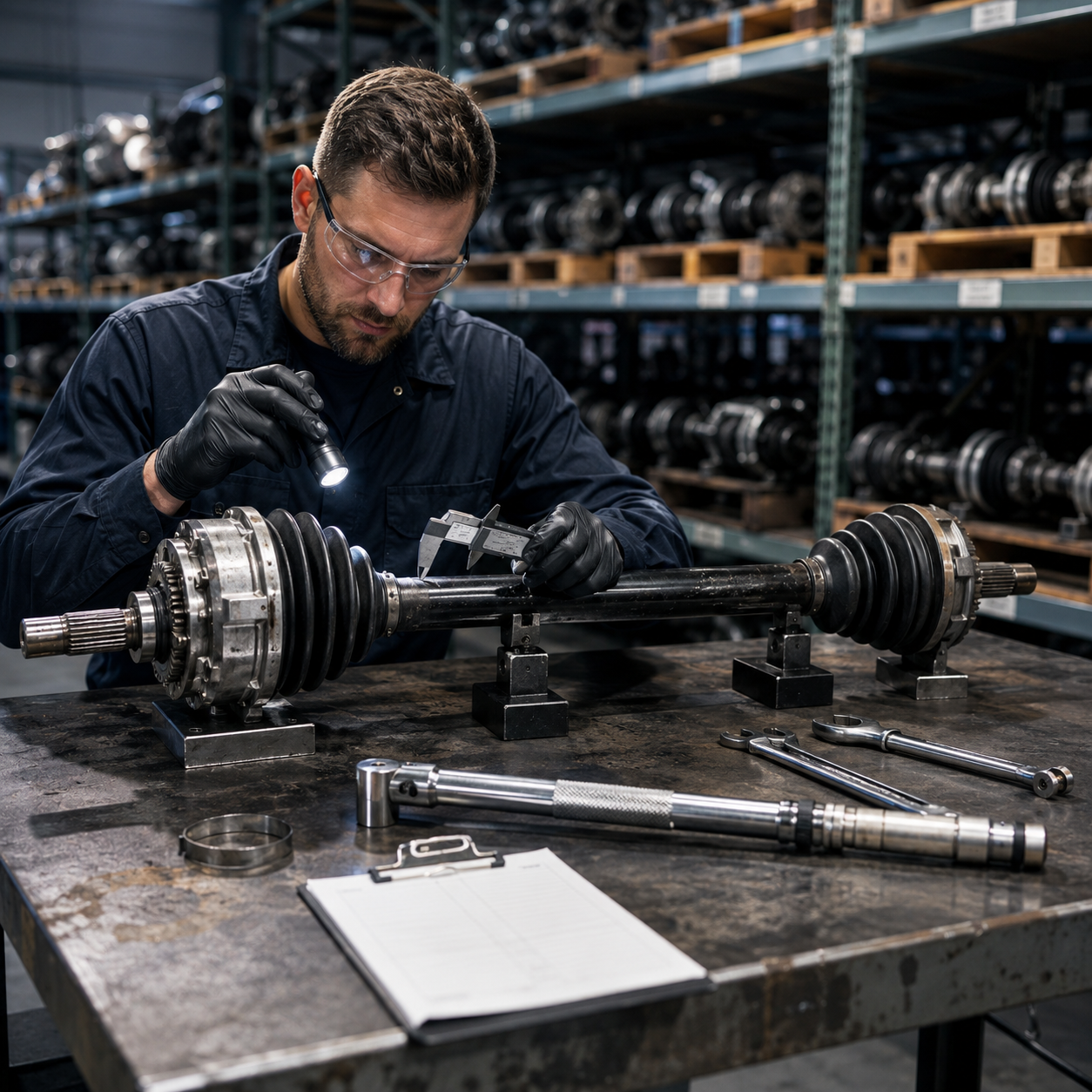 ASE-certified mechanic inspecting a genuine OEM used axle assembly by checking CV joints, bearings, seals, splines, and shaft condition in a professional warehouse.