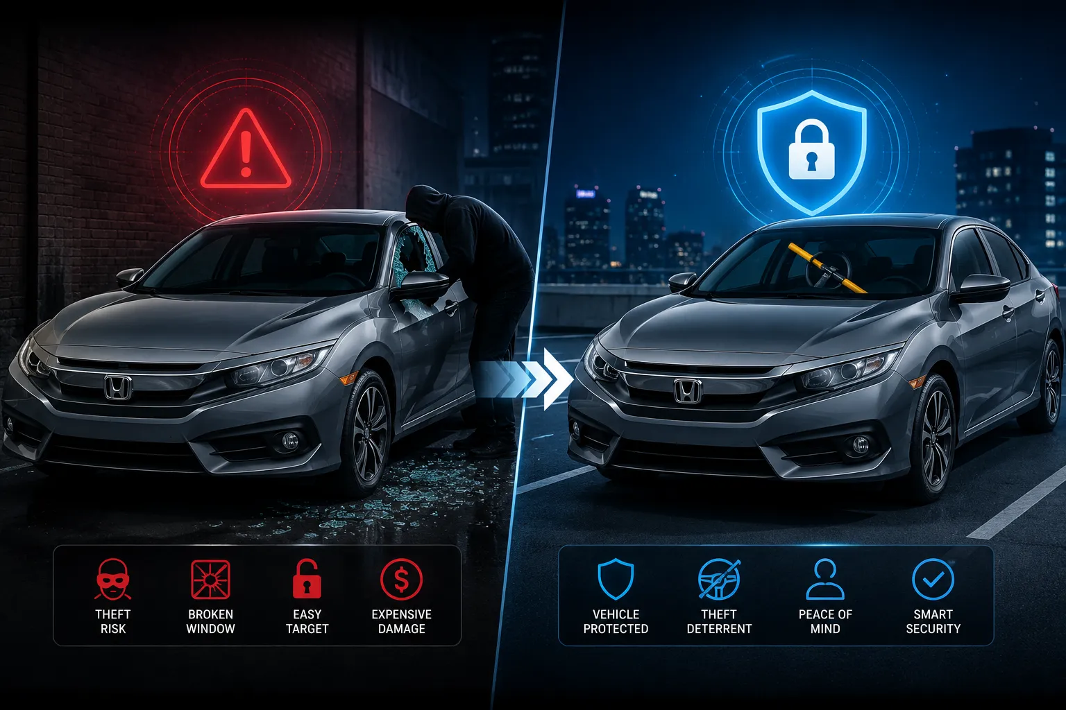 Honda vehicle theft prevention comparison showing steering wheel lock protection against airbag theft and break-ins