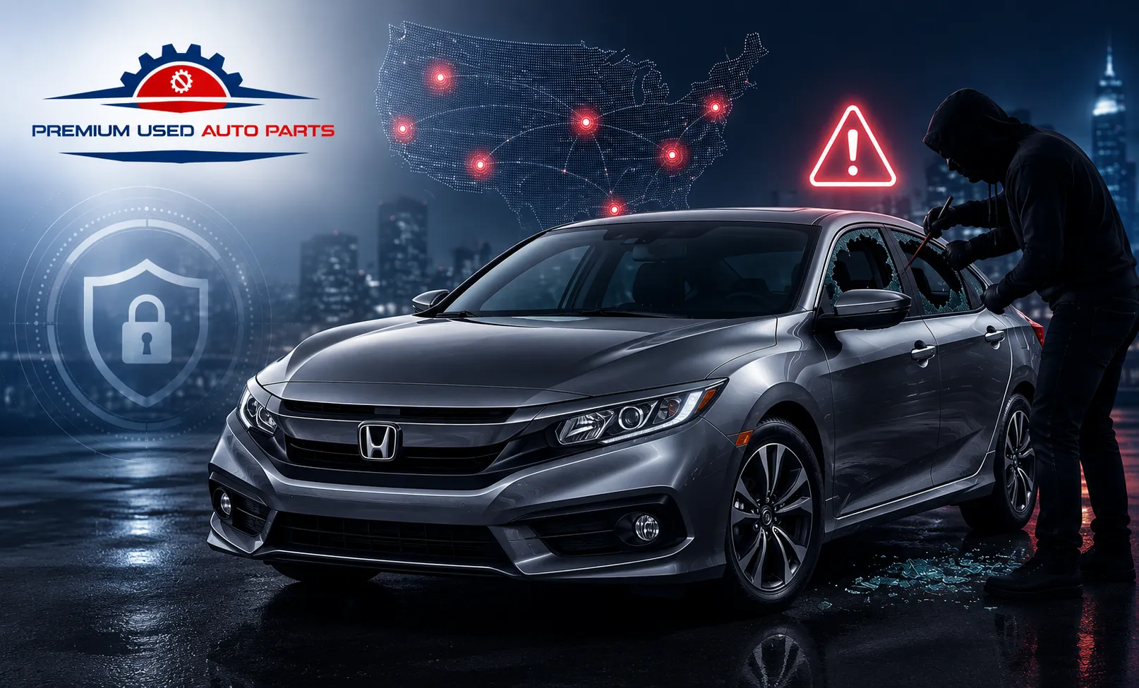 Honda airbag theft risk showing damaged vehicle, security warning, and OEM airbag replacement awareness in the USA