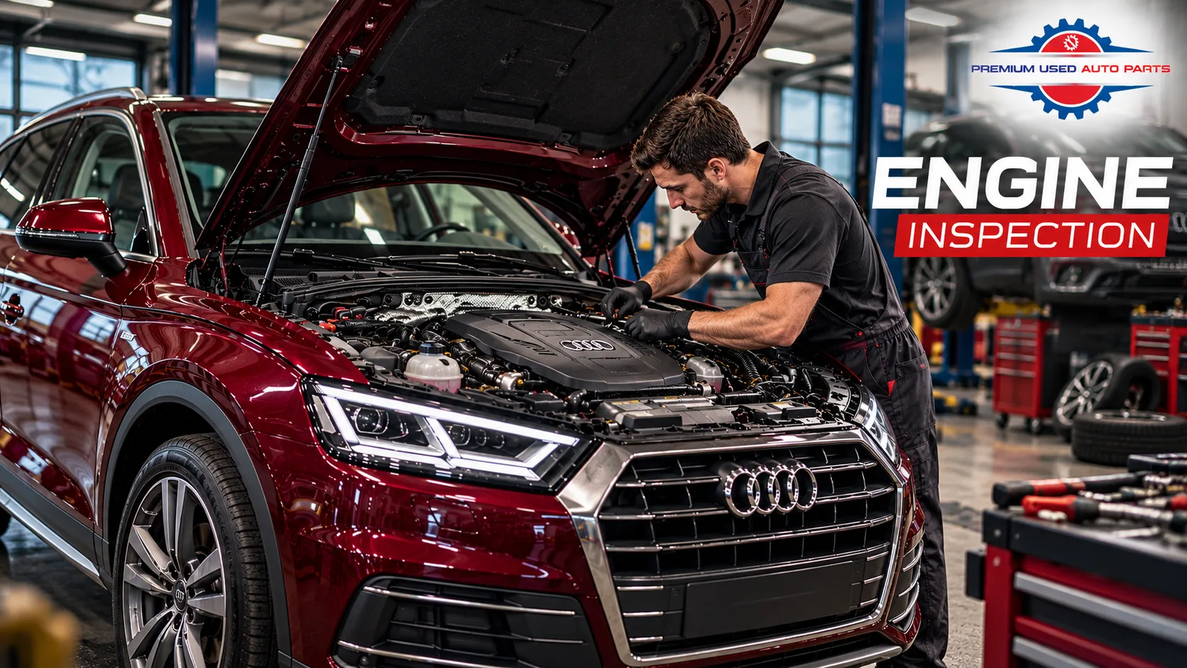 Mechanic inspecting the engine bay of a burgundy Audi Q5 in an auto repair workshop
