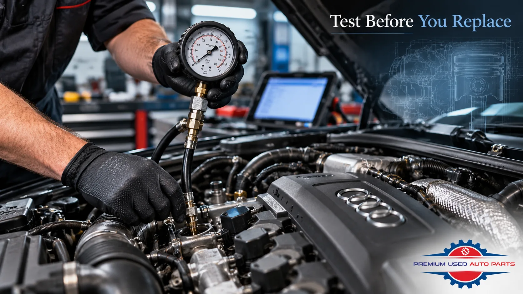 Audi Q5 high-mileage engine condition assessment using a professional engine compression test