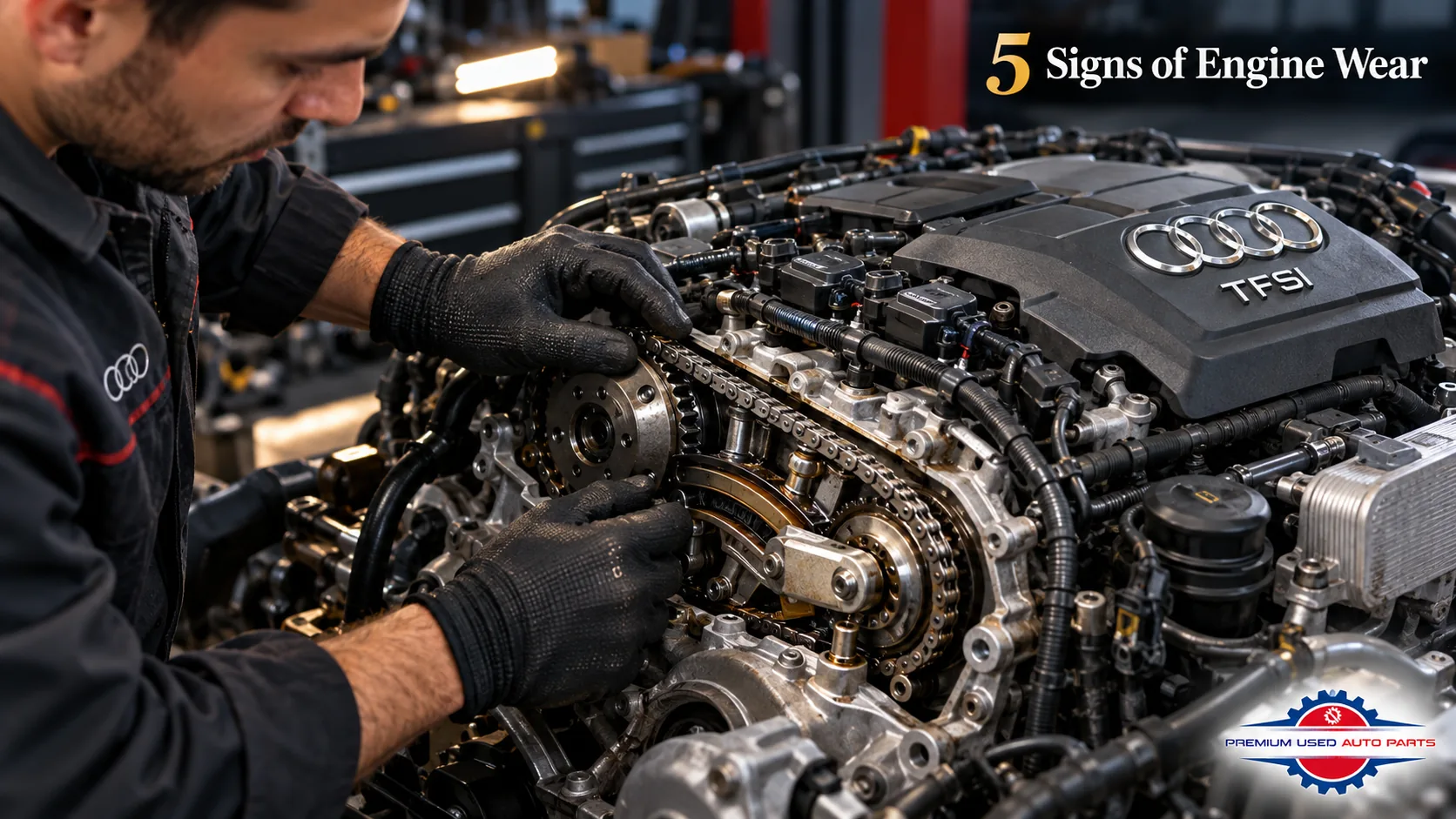 Signs of a worn Audi Q5 engine during a mechanic's timing chain and engine component inspection
