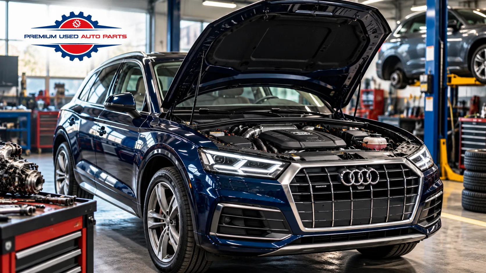 Audi Q5 with open hood showing the engine bay for an engine replacement cost guide
