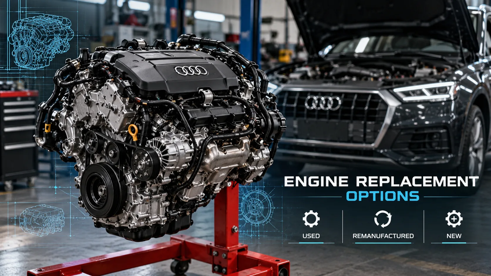 Audi Q5 replacement engine on a stand illustrating used, remanufactured, and new engine options