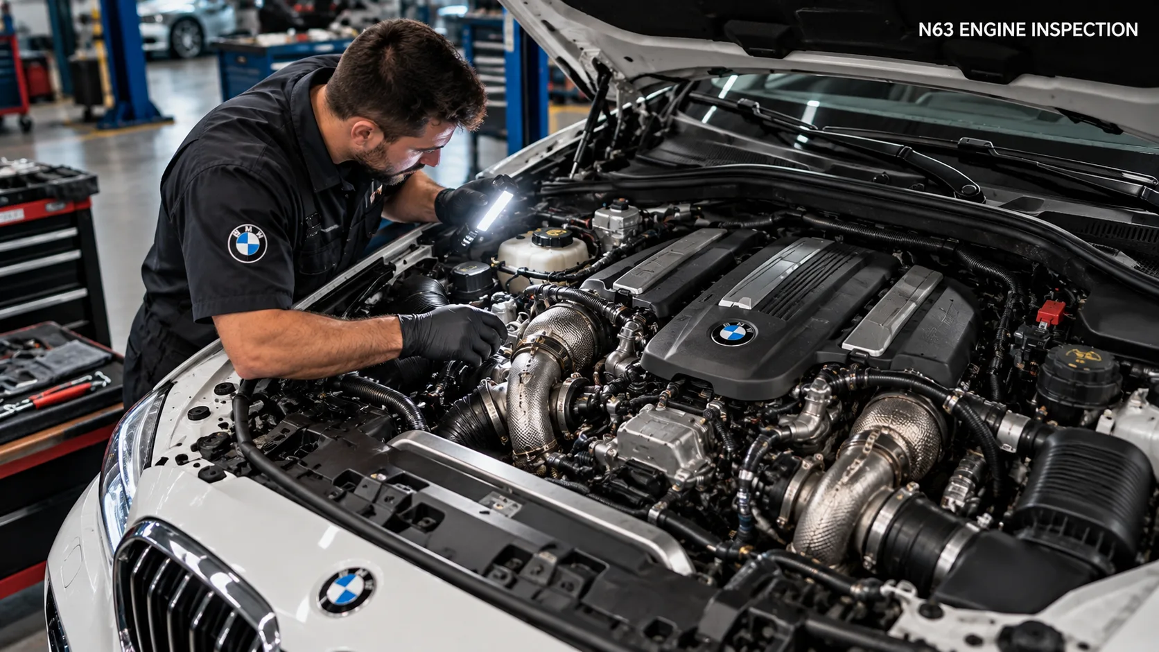 Mechanic inspecting BMW N63 V8 engine components during engine diagnostics