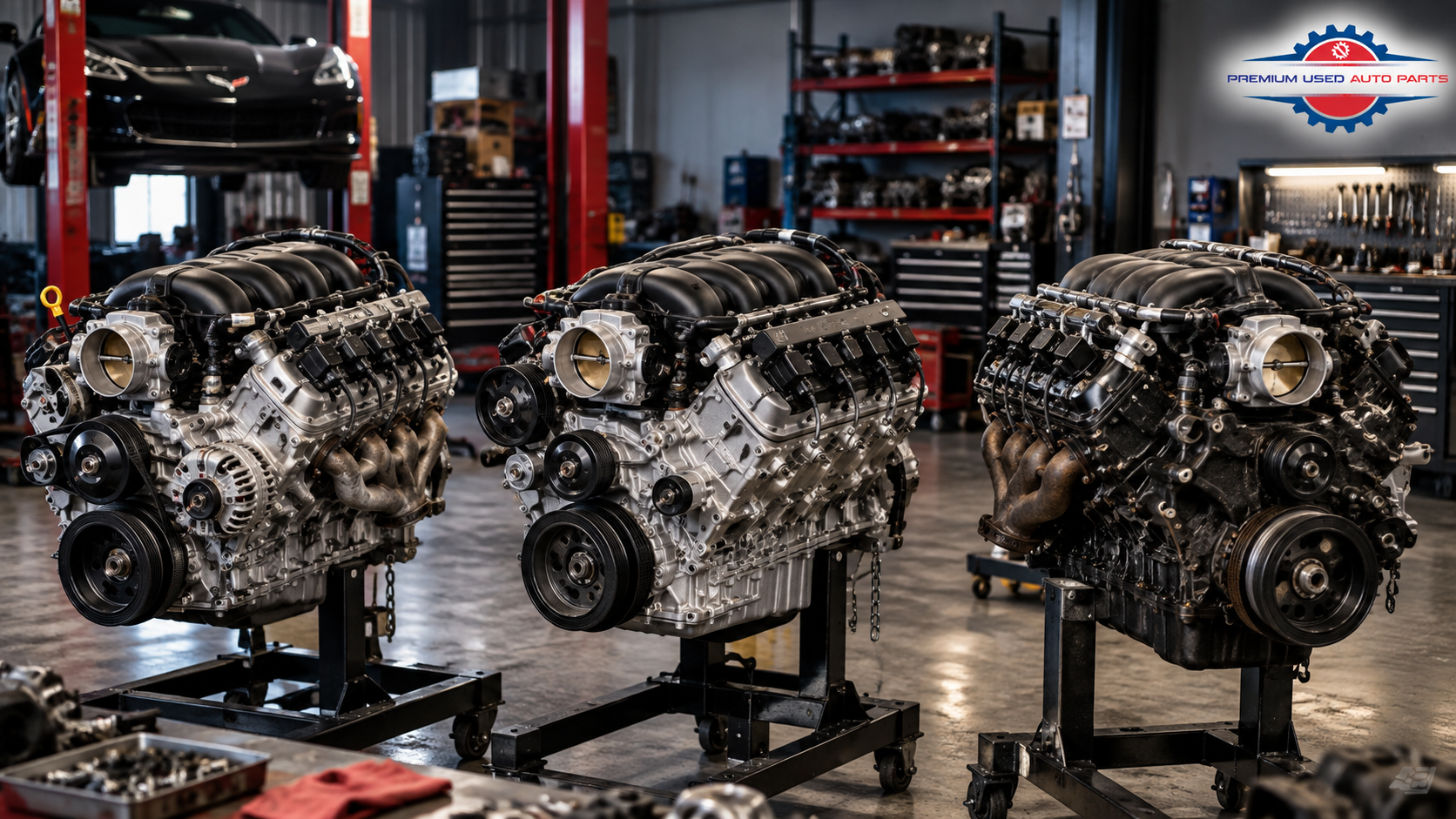 Chevrolet LS1, LS3 and LSX V8 engines in a professional automotive workshop