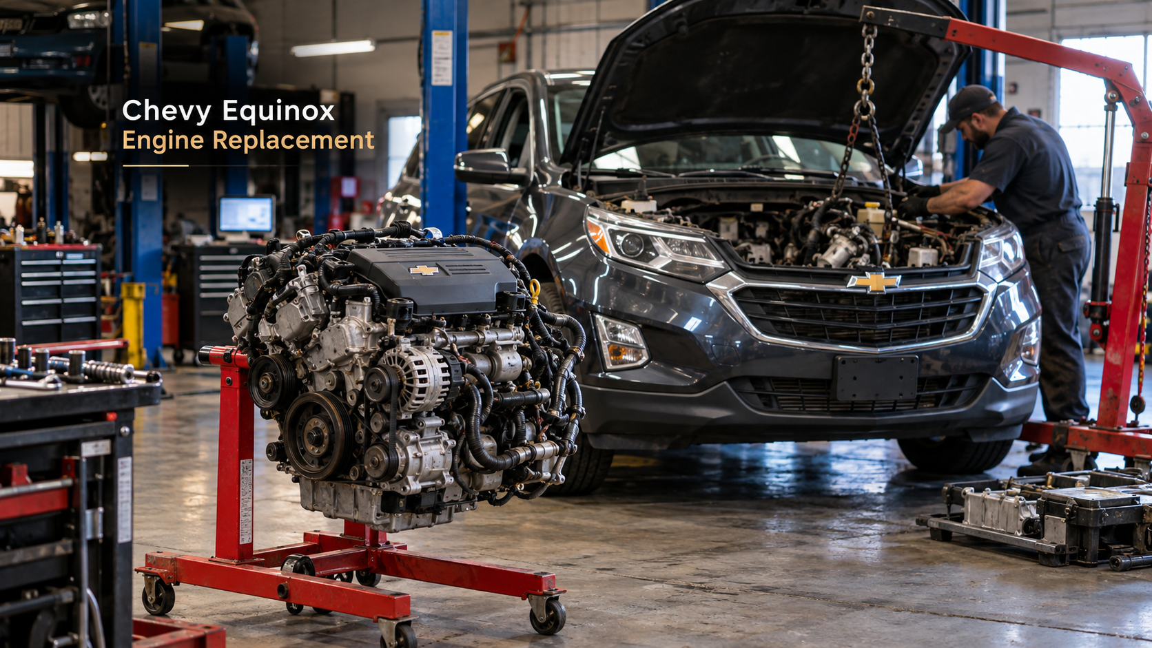 Chevy Equinox with the engine removed and mounted on an engine stand in the shop