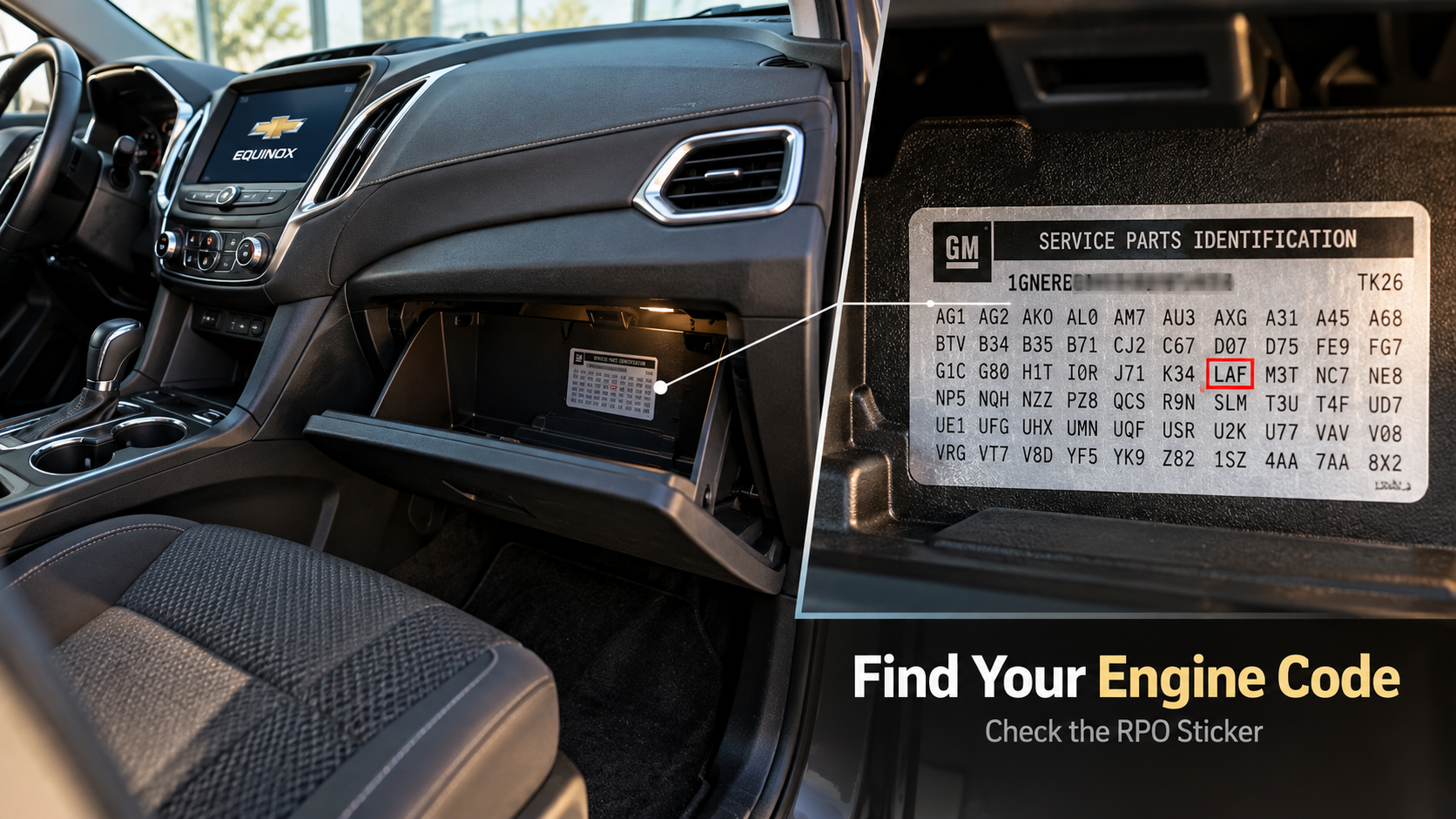 Chevy Equinox glovebox Service Parts Identification sticker with the engine RPO code highlighted