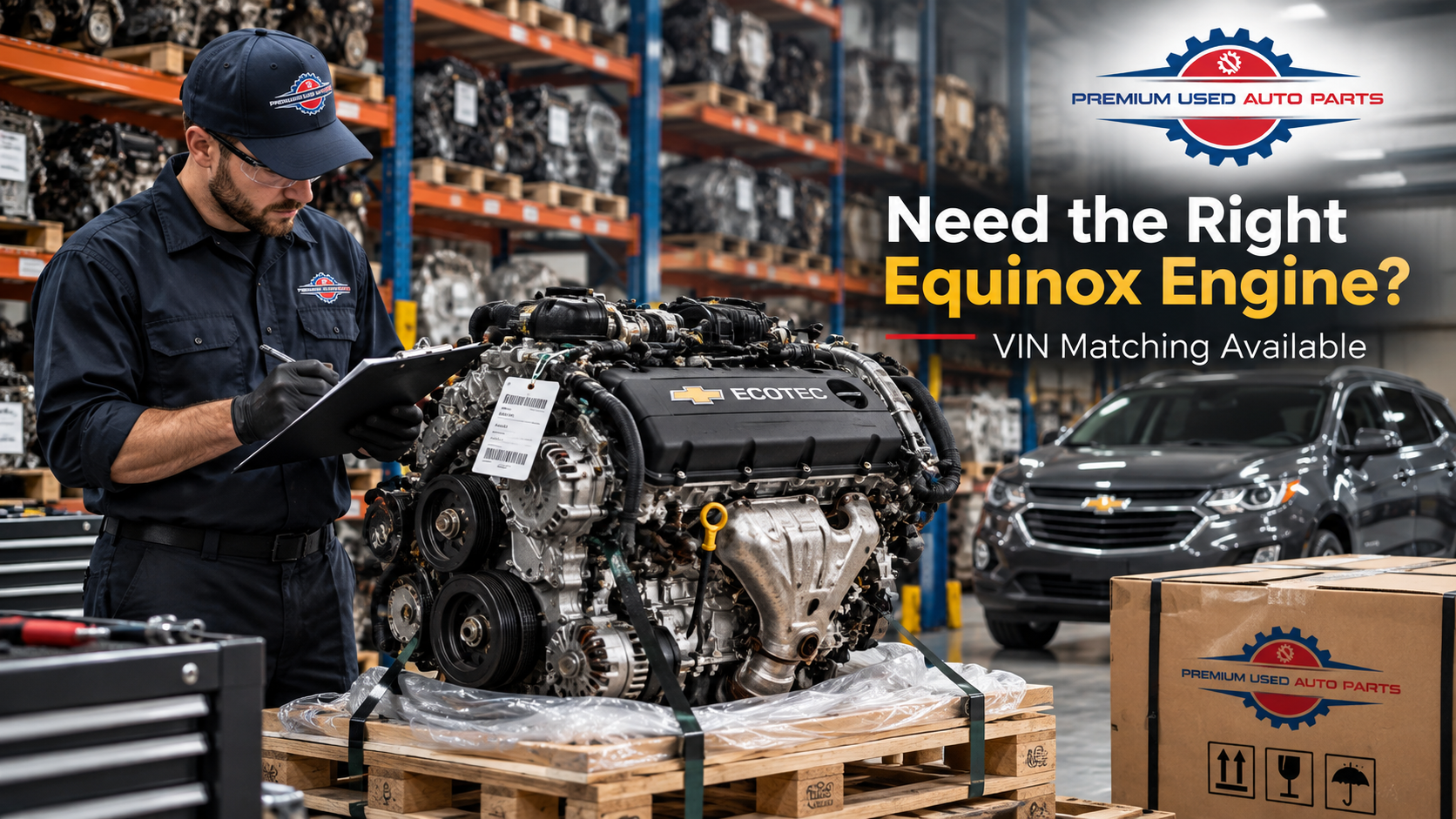 Used Chevy Equinox Ecotec engine tagged and ready to ship with VIN matching