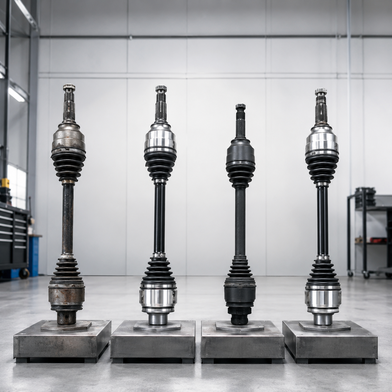 Comparison of used OEM, new OEM, aftermarket, and refurbished axle assemblies displayed in a professional automotive workshop for quality comparison.