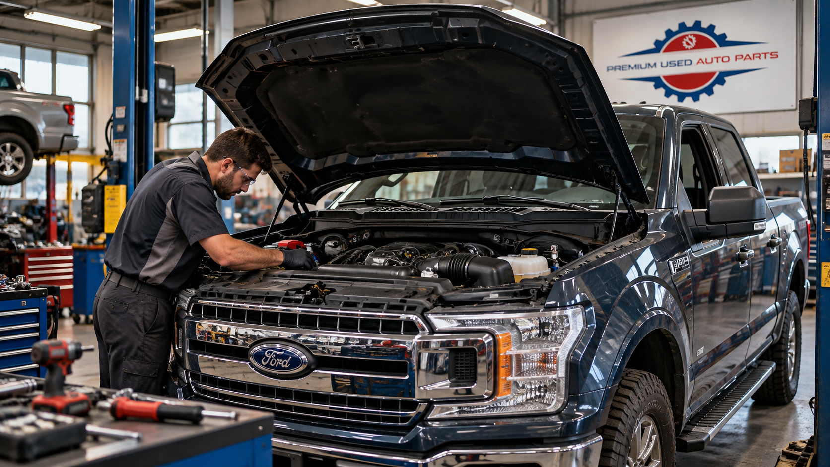 Technician inspecting a Ford F-150 engine bay at Premium Used Auto Parts