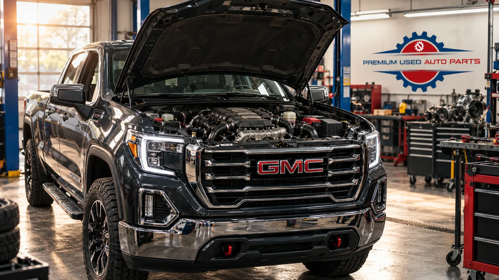 GMC Sierra 1500 with hood open and V8 engine visible inside a professional automotive workshop