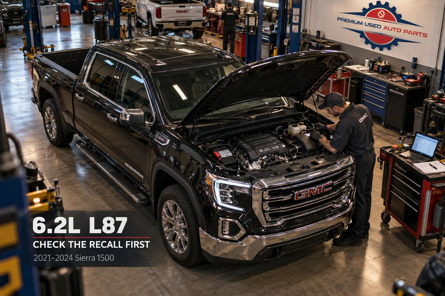 GMC Sierra 1500 6.2L L87 engine being inspected at a professional service center for recall concerns