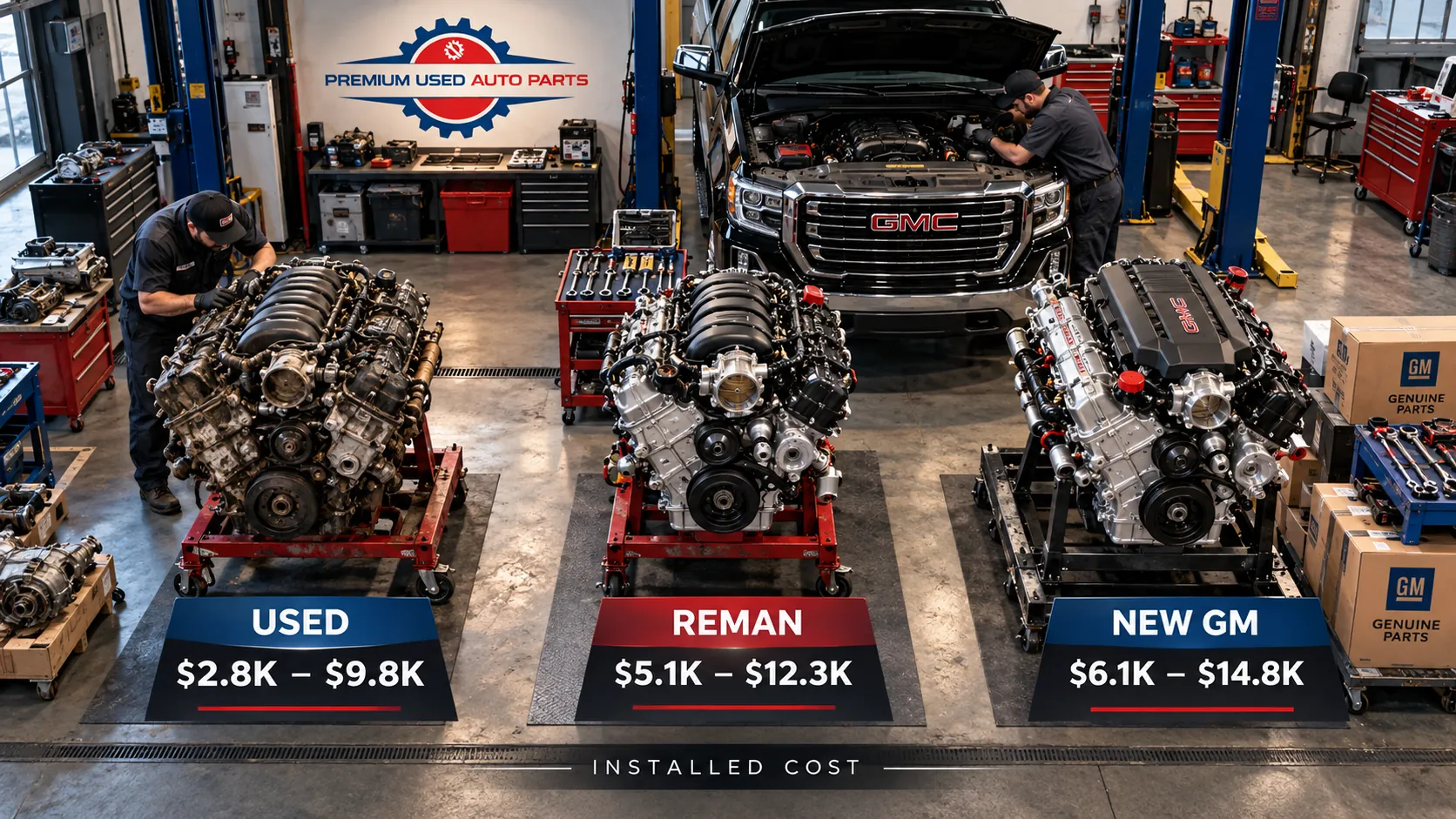 GMC Sierra engine replacement cost comparison for used, remanufactured and new GM engines