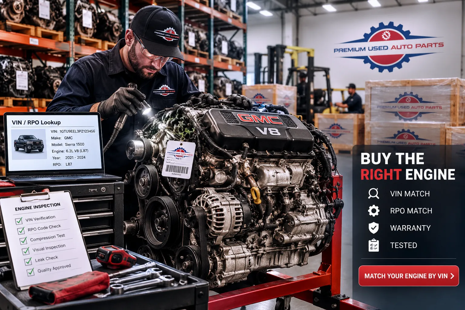 Used GMC Sierra replacement engine being inspected for VIN, RPO code and warranty before purchase