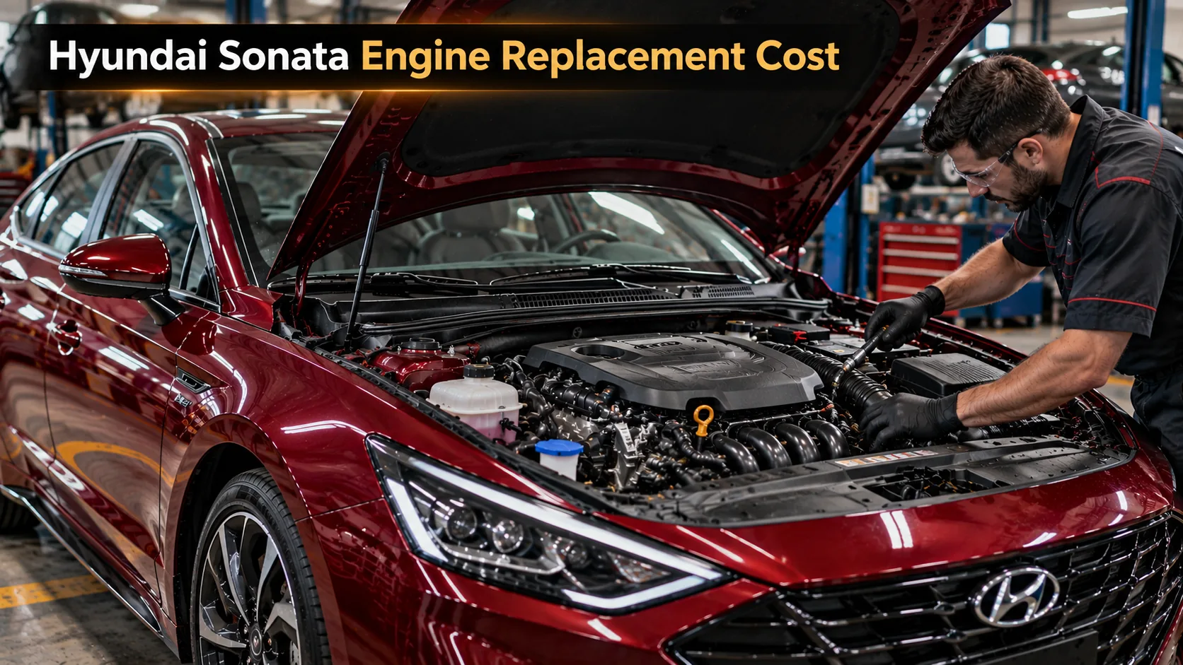 Dark-red Hyundai Sonata engine bay for Hyundai Sonata engine replacement cost assessment