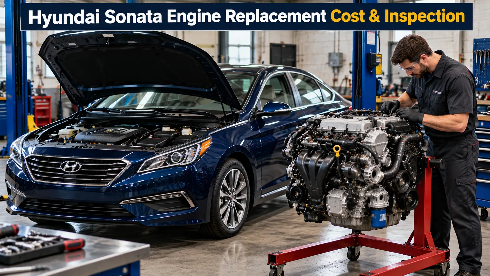 Deep-blue Hyundai Sonata with replacement engine for Hyundai Sonata engine replacement cost evaluation