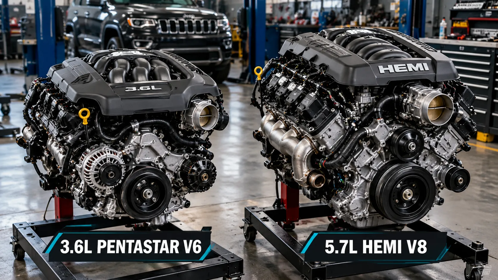Jeep Grand Cherokee 3.6L Pentastar V6 and 5.7L Hemi V8 engines on engine stands