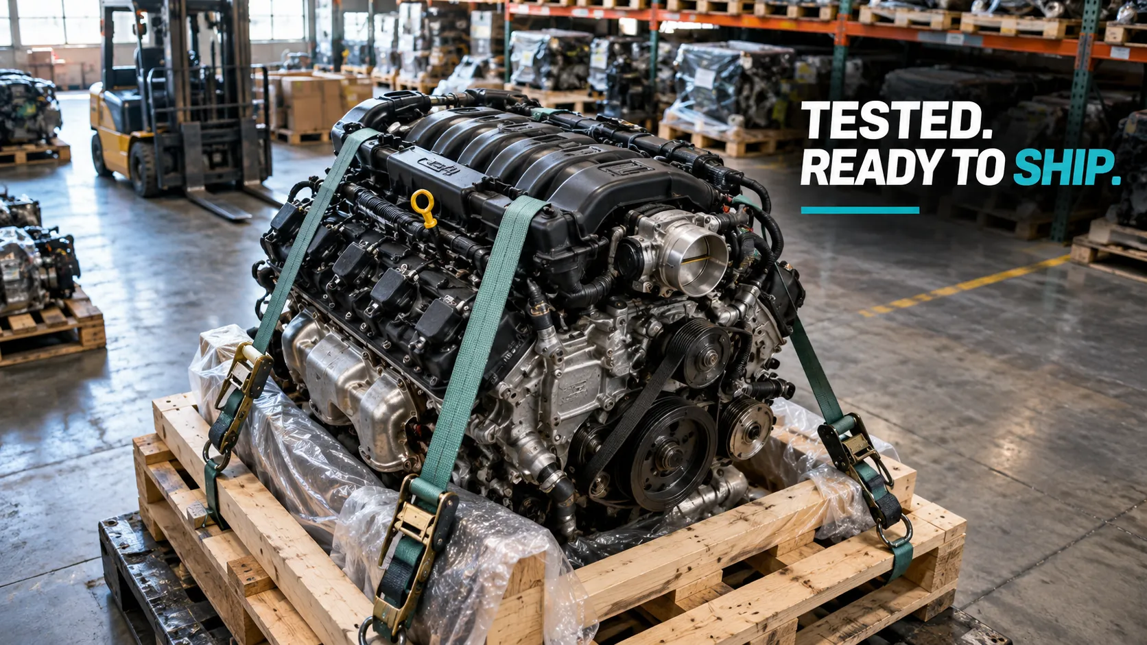 Tested used Jeep Grand Cherokee replacement engine secured on a shipping pallet