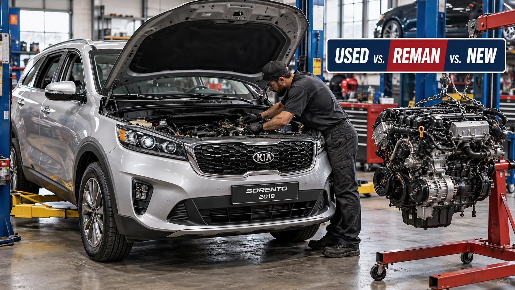Silver Kia Sorento beside a replacement engine in a repair workshop