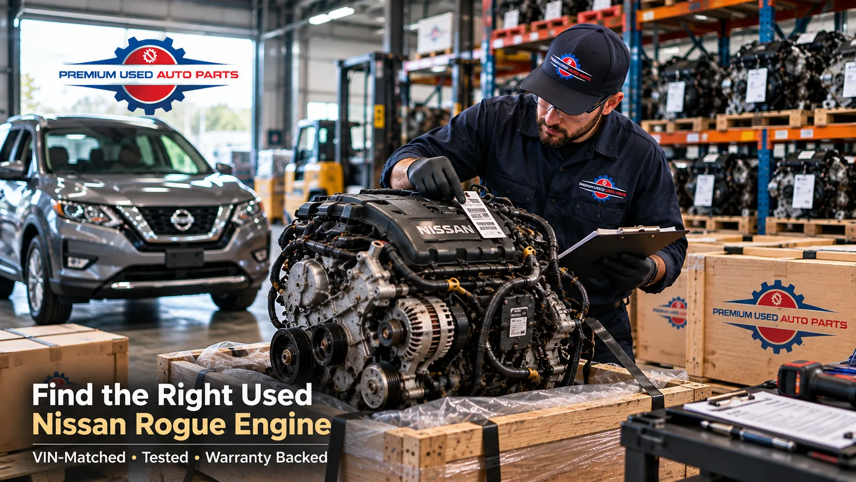 Inspected used Nissan Rogue replacement engine prepared for shipment with technician checking fitment