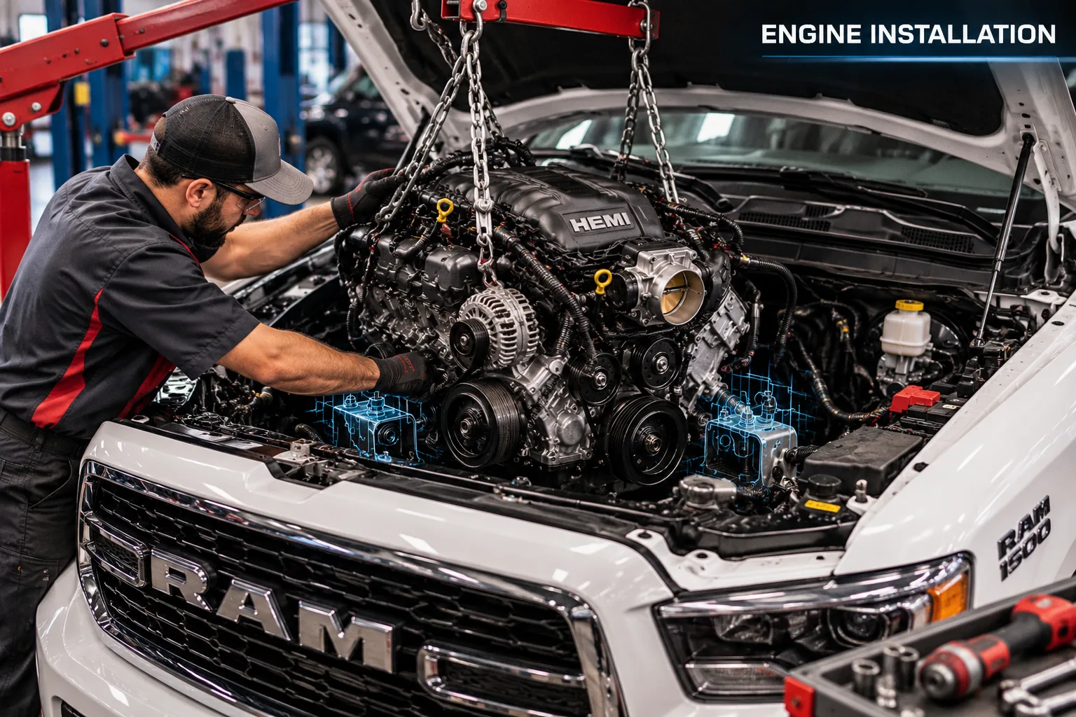 Mechanic installing a replacement engine in a RAM 1500 pickup truck