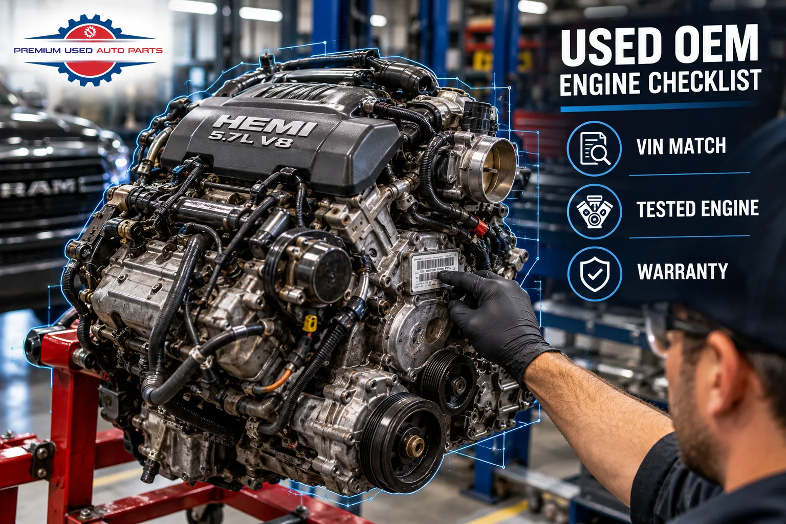 Used OEM RAM 1500 engine being inspected by a mechanic before replacement