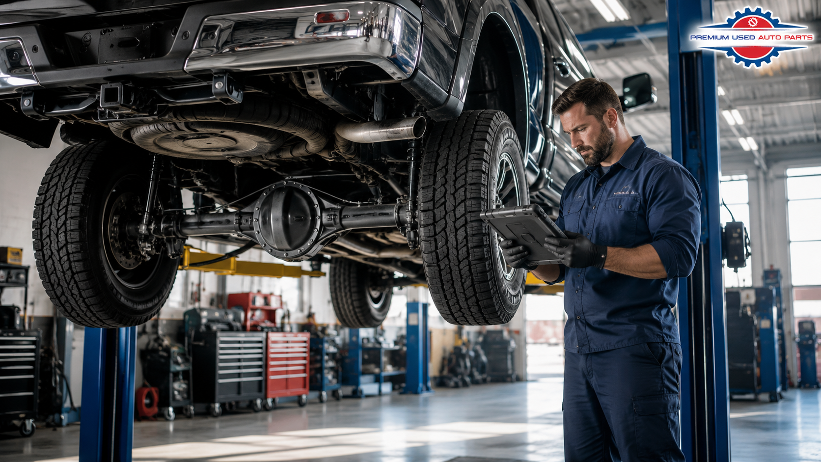 Professional mechanic inspecting the rear differential of a lifted pickup truck using a digital service tablet inside a modern American automotive repair shop.