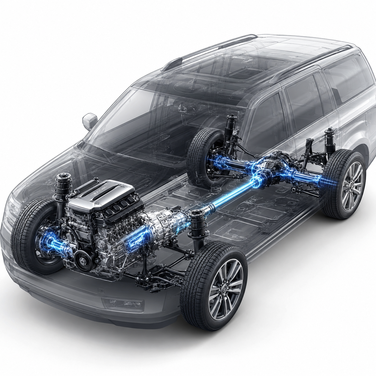 Technical illustration showing how power flows from the engine through the transmission, driveshaft, differential, and used axle assembly to the rear wheels of a rear-wheel-drive vehicle.