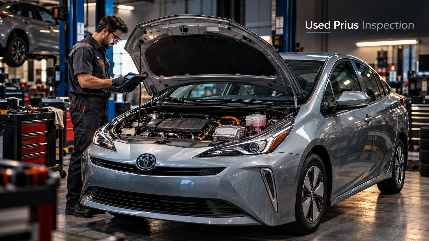 Technician inspecting a used Toyota Prius with an OBD-II diagnostic scanner