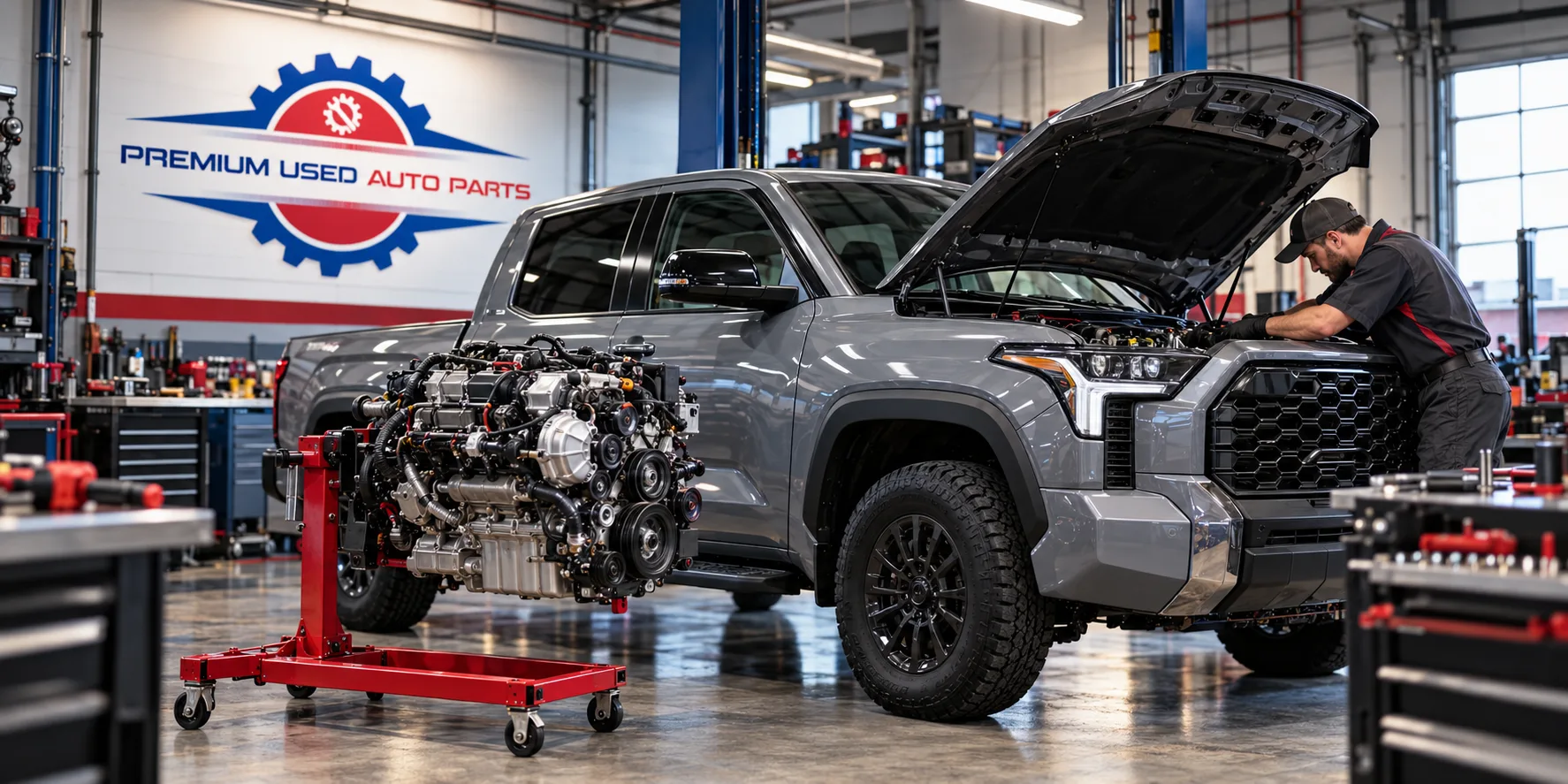 Toyota Tundra with hood open and replacement engine on an engine stand in a professional automotive workshop