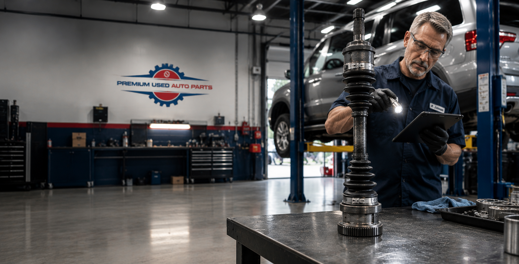 OEM used axle assembly on an inspection bench inside a professional American automotive workshop with an ASE-certified mechanic performing a quality inspection.