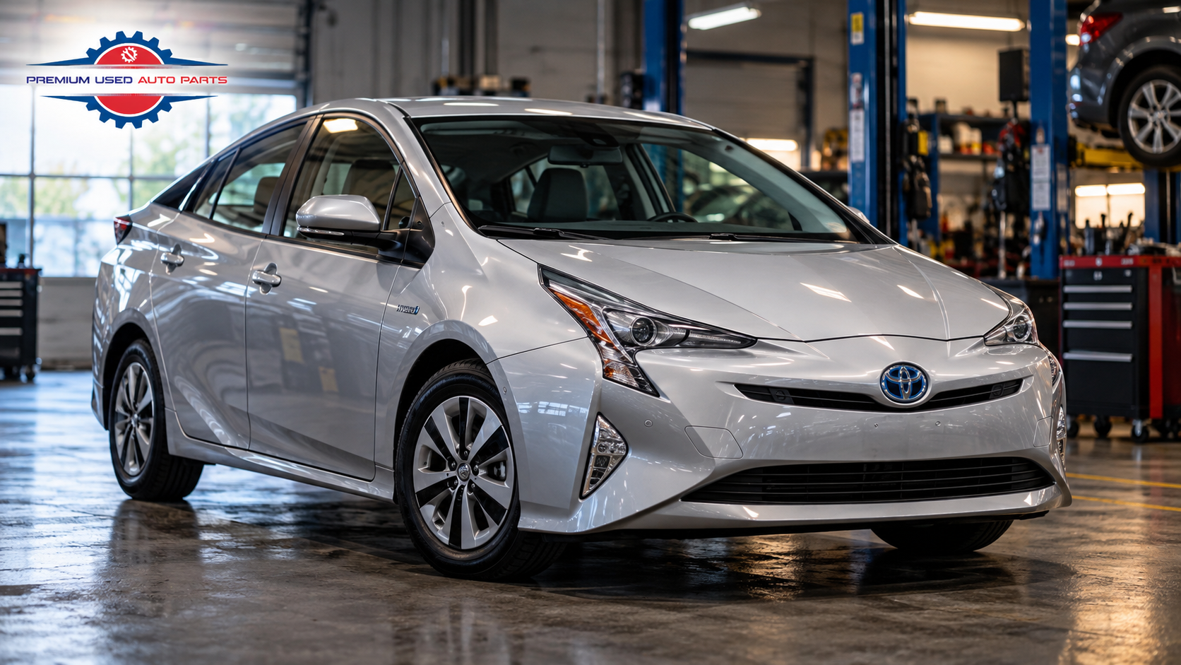 Used Toyota Prius parked in a professional automotive workshop