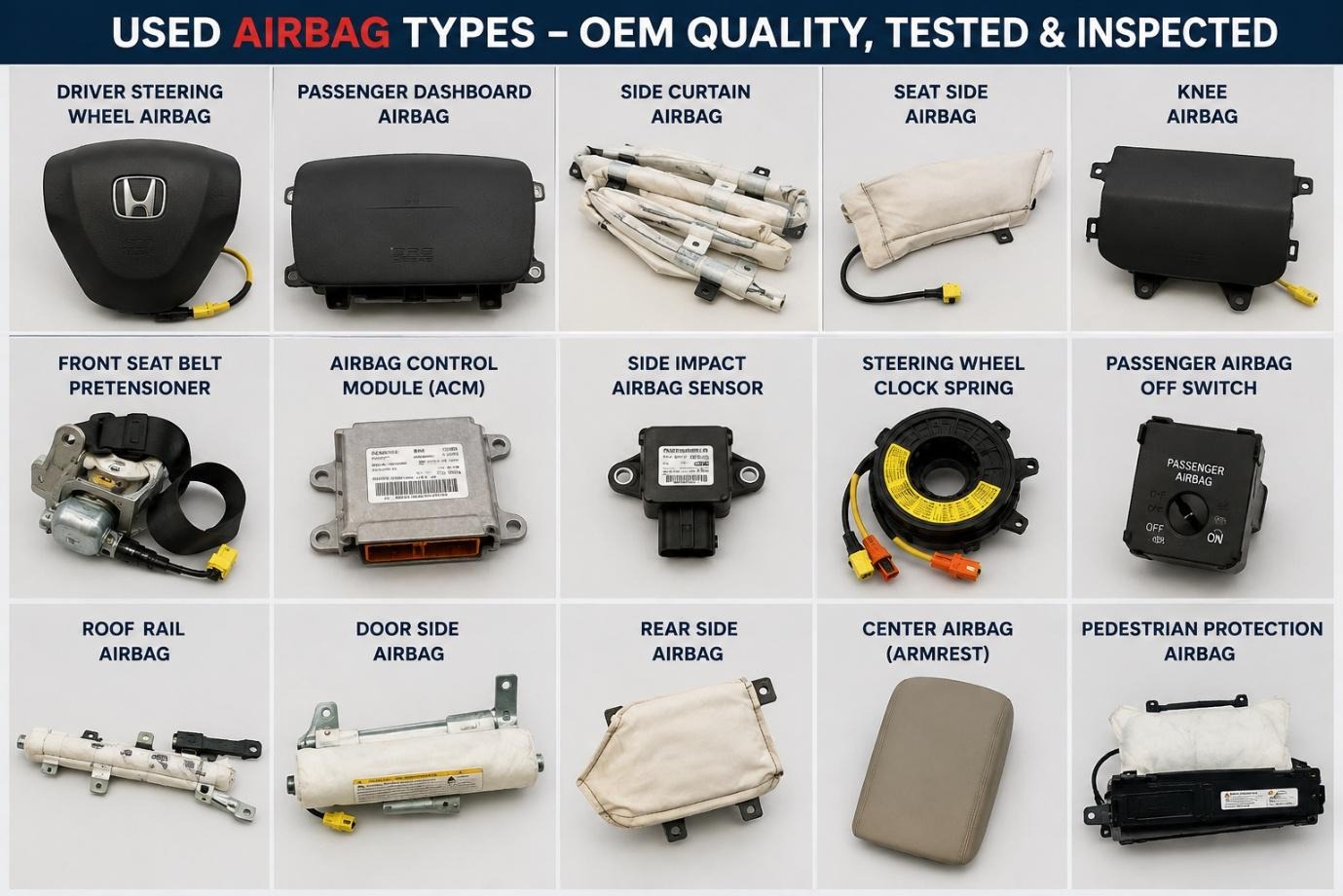 Used airbag types including driver, passenger, side curtain, knee, seat side, roof rail, rear side airbags, airbag control module, clock spring, and seat belt pretensioner – OEM quality tested and inspected.