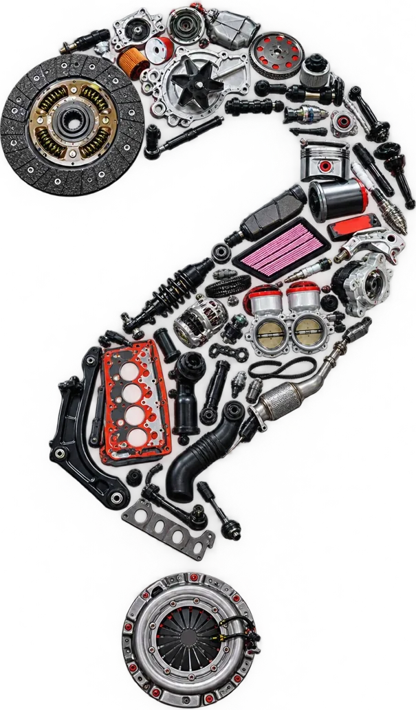 Auto parts arranged in the shape of a question mark